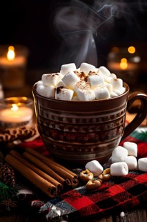 A close-up of a steaming cup of hot cocoa topped with marshmallows, surrounded by cinnamon sticks,