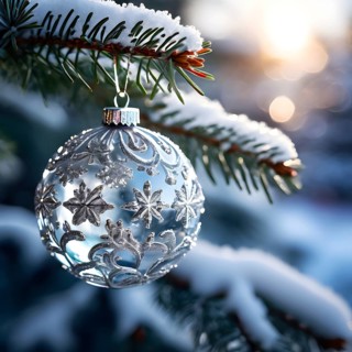 Set of Christmas ornaments hanging on a snow-covered pine tree branch, with frost clinging to the
