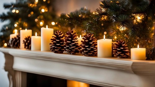 A cozy fireplace mantle decorated with pine cones, garlands, and lit candles, with a close-up focus