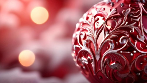 Close up of a frosted red Christmas ornament, detailed with tiny ice crystals, delicate carvings,