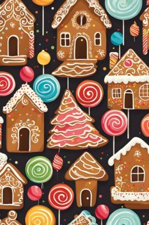 Abstract wallpaper illustration of of gingerbread house decoration, AI generated