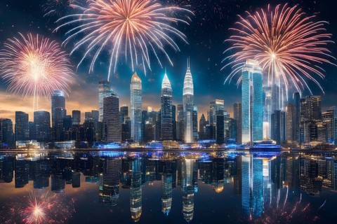 Wallpaper illustration of a cityscape on New Year's Eve, with glowing skyscrapers and floating