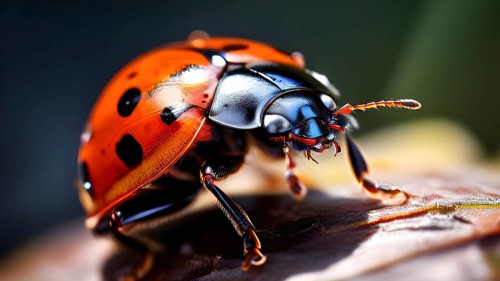 Close up of a ladybug illuminated by soft diffused light, AI generated
