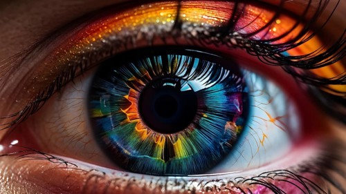 Close up of eye featuring vibrant colored eyelids with intense eye shadow, AI generated