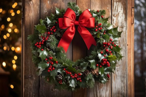 Classic holiday wreath with frosted holly leaves hanging on a rustic wooden door, AI generated