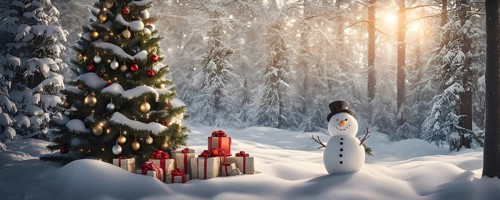 Peaceful and serene Christmas scene with a decorated Christmas tree with gifts presents and a cute