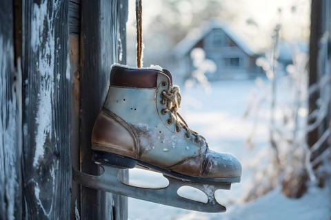 Pair of vintage ice skates hanging by their laces on an old wooden fence with frost and snow gently