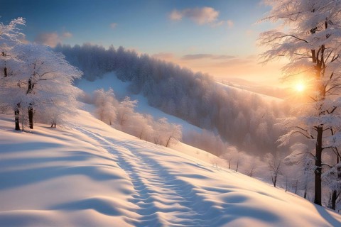 Footprints in fresh snow on a hill with a row of trees in winter in golden sunrise light, AI