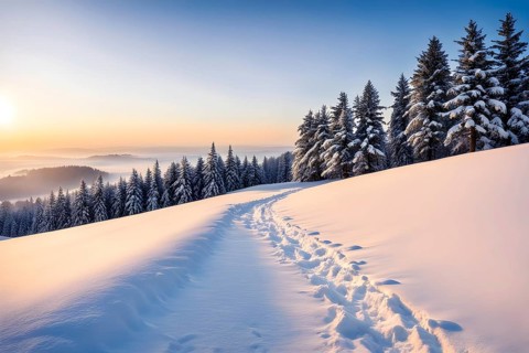 Footprints in fresh snow on a hill with a row of trees in winter in golden sunrise light, AI