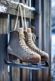 Pair of vintage ice skates hanging by their laces on an old wooden fence with frost and snow gently