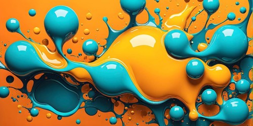 Abstract wallpaper with colorful turquoise and yellow blobs and liquid shapes on a orange