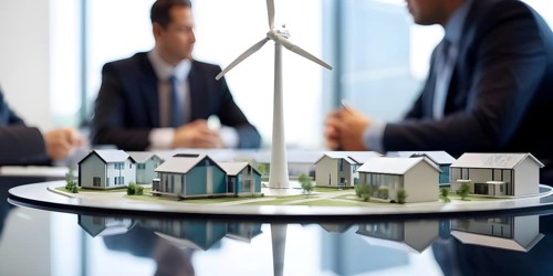 Business professionals engaged with a scale model of a wind turbine adjacent to miniature houses,