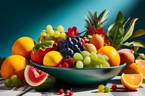 Vibrant illustration of a bowl brimming with a cascade of fresh fruits and vegetables, AI generated