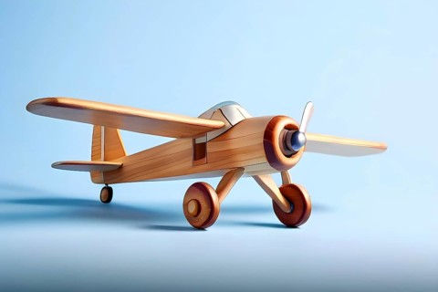 Vintage wooden plane toy with a playful design in front of blue background, AI generated