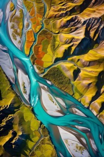 Aerial view perpendicular top down of an abstract colorful river along the coastline, AI generated