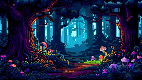 Enchanted magical forest in pixel art style with glowing mushrooms, AI generated