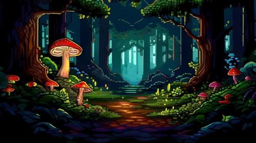 Enchanted magical forest in pixel art style with glowing mushrooms, AI generated