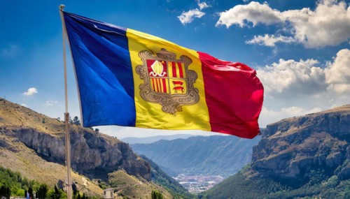The flag of Andorra flutters in the wind
