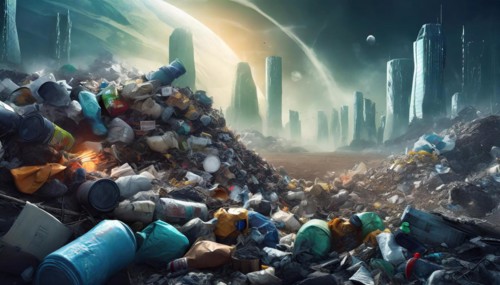 Symbolism, Futuristic, City suffocating in rubbish, AI-generated, AI-generated, AI generated