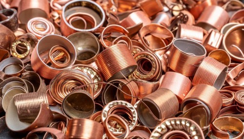 Material, metal, copper, a large amount of copper metal waste on a stockpile for recycling