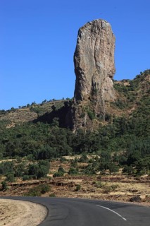 Amhara region, stele-like vulture rock near the city of Gondar, Ethiopia, Africa