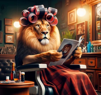 A maned lion with curlers in its mane in the hairdressing salon, AI generated, AI generated