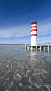 Frozen lake, ice, lighthouse, Podersdorf am See, Lake Neusiedl, Burgenland, Austria, Europe