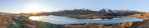 Aerial view, mountain peak and mountain lake, evening mood, Arabel Lake at Arabel Pass, Issyk Kul