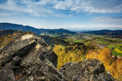 View of the Dreisamtal and Freiburg from the Frauensteigfelsen, Kirchzarten, Freiburg im Breisgau,