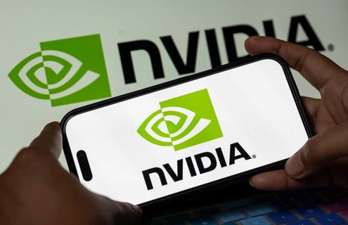 In this photo illustration, the Nvidia Corporation logo is displayed on an iPhone screen on January