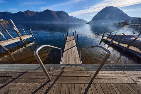 Jetty, wooden planks, stainless steel railing, bird's eye view, lake, jetty, mountain landscape,