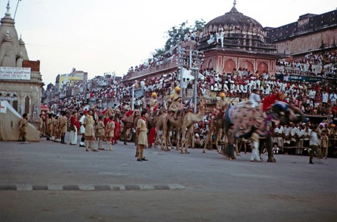 Streets full of people at the annual festival parade, Jaipur, Rajasthan, India, 1971 Camel and