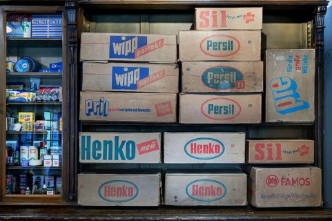 Cardboard boxes of detergents from the 1950s in a former Thuringian drugstore from 1898, set up as