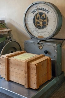 Ready-packed crate on the scales in the shipping department of the valve factory, formerly Dietz &