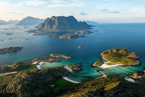 Coast of the island of Skrova and view of surrounding islands, Lofoten, Norway, Europe