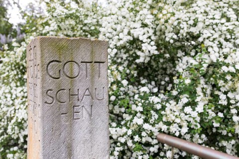 Bible verse written in sandstone, Blessed are the pure in heart, for they shall see God, at the