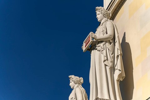 Statue of Hesse on the façade of the Liberation Hall in Kelheim, Lower Bavaria, Bavaria, Germany,