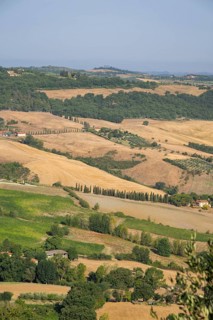 View from Montepulciano into a typical Tuscan landscape in Val d'Orcia with hills, trees, fields,