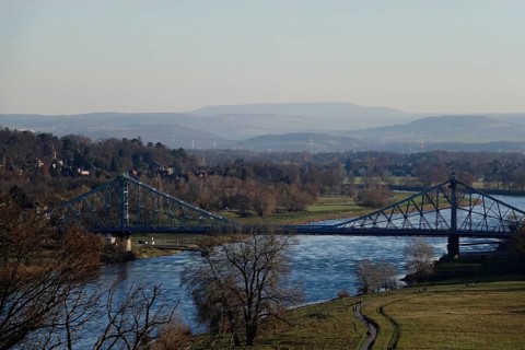 View of the Blaues Wunder bridge, Dresden, Saxony, Germany, Europe