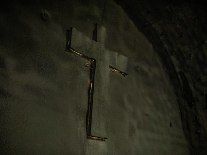 Cross at one end of the tunnel, installed for the Saint Barbara celebration on 4 December 2023,