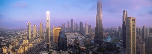 UAE, Dubai panoramic skyline view of city downtown and business district.