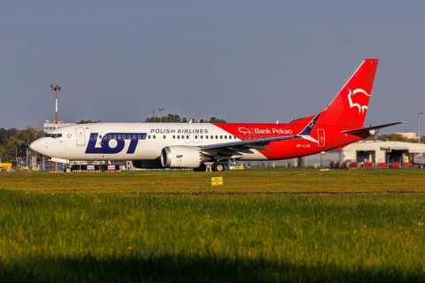 LOT Polish Airlines Boeing 737-8 MAX aircraft with the registration SP-LVG and the Bank Pekao