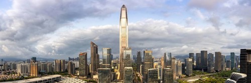 Skyline with skyscrapers city centre Futian district panorama in Shenzhen, China, Asia