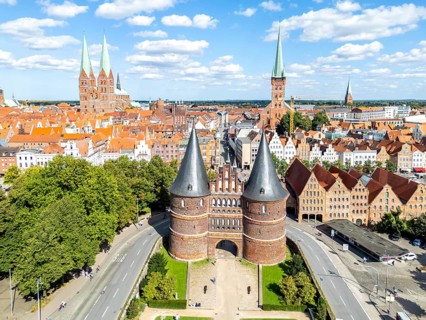Holstentor Holsten Tor aerial view in the Hanseatic city of Lübeck, Germany, Europe