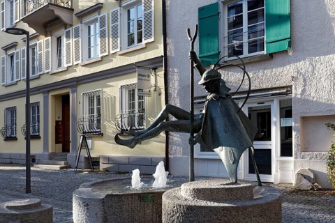 Federle fountain, carnival figure at the Narrensprung, Bad forest lake, Upper Swabia,