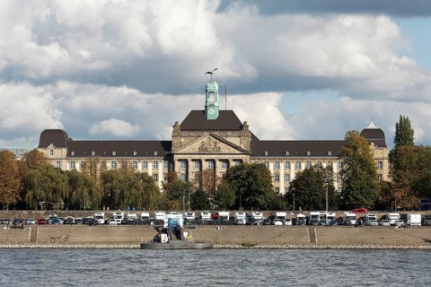 Rhine bank with Düsseldorf district government, historic neo-baroque building, Düsseldorf, North