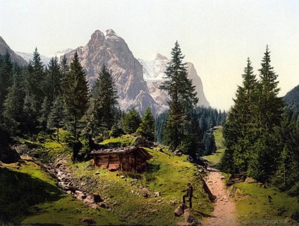Brunnen und Wetterhorn, Bernese Oberland, Switzerland, Historic, digitally restored reproduction