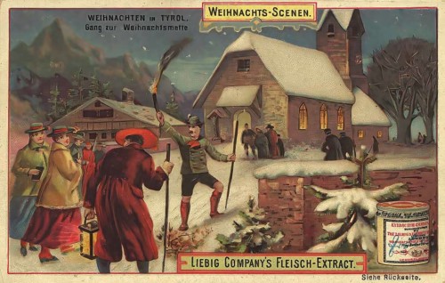 Picture series Christmas scenes, Christmas in Tyrol, going to the Christmas mass, Liebig picture,