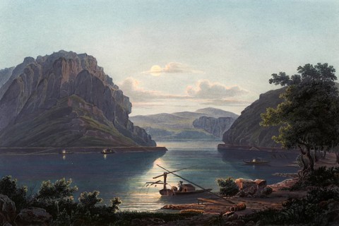 View of the Loreley rocks and the salmon fishery on the Rhine, Rhineland-Palatinate, Germany, view