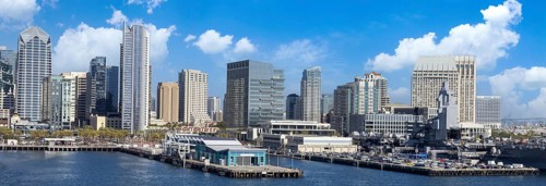 USA, Scenic San Diego downtown financial district city skyline and skyscrapers. San Diego Bay,
